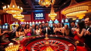Experience the thrill of xx88 at a luxurious casino gaming table with roulette and poker chips.