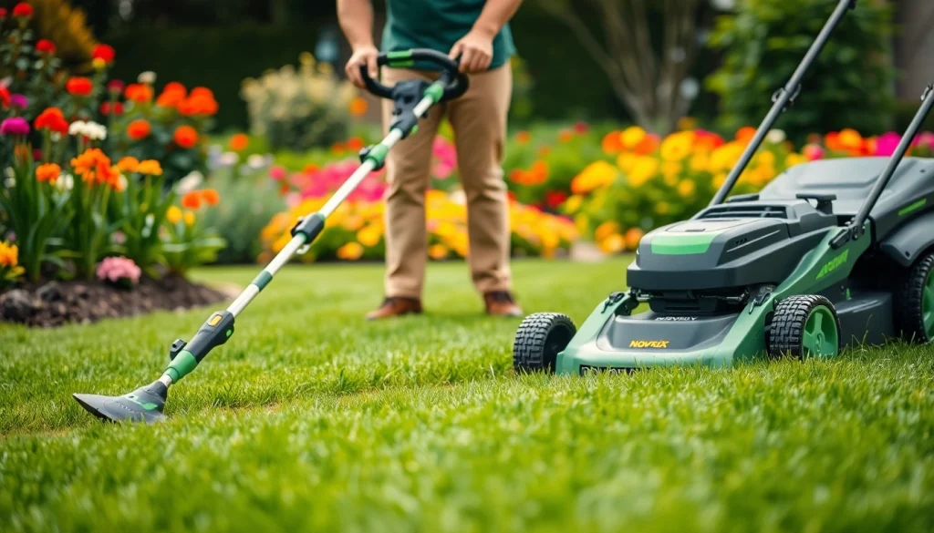 NovorikX lawn care tools in action - a 60V string trimmer and mower in a vibrant garden.