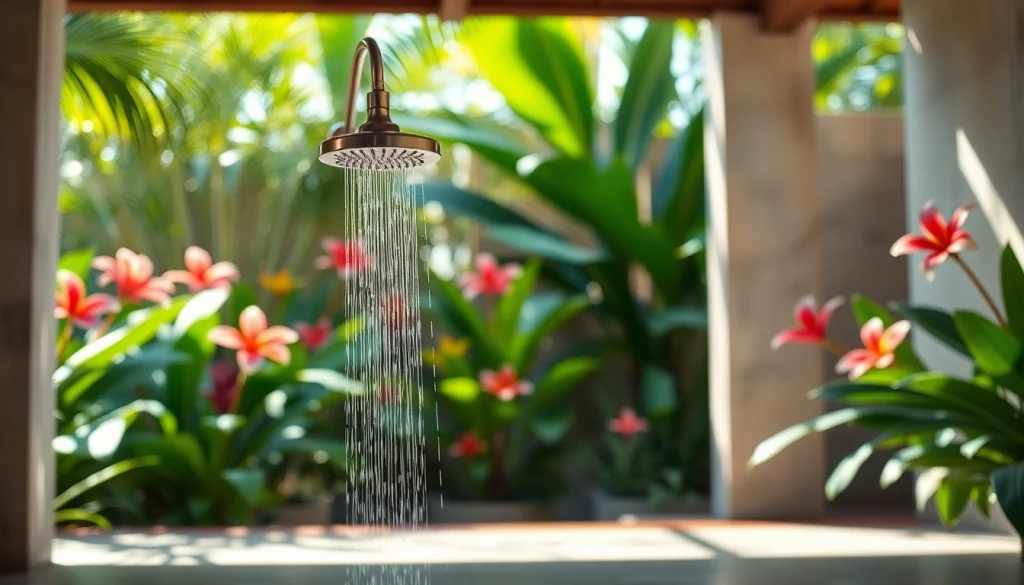 Refreshing sunny shower in a serene outdoor space surrounded by lush greenery.