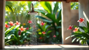 Refreshing sunny shower in a serene outdoor space surrounded by lush greenery.