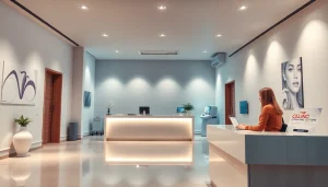 美容整形クリニックの歓迎受付エリアと、美容整形クリニックおすすめ口コミ＆評判情報に関するパンフレット。