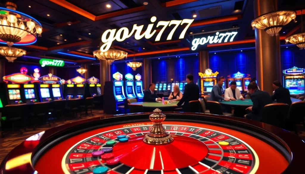 Experience the excitement of gori77 at a luxurious casino with vibrant roulette and poker tables.
