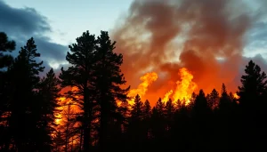 Widespread wildfire events engulfing forest, dramatic flames and smoke filling the atmosphere.