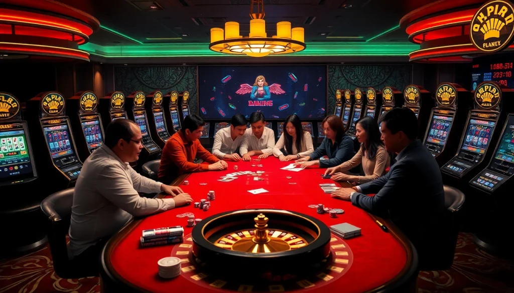Exciting casino scene showcasing gamblers playing poker while engaging with the apk jaya mobile app on smartphones.