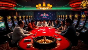 Exciting casino scene showcasing gamblers playing poker while engaging with the apk jaya mobile app on smartphones.