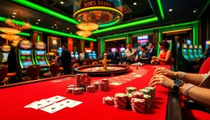 Experience the thrill of MM88 at an upscale casino with gaming tables and vibrant slot machines.