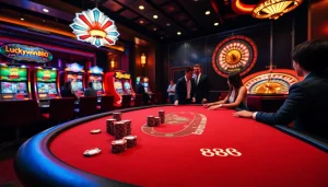 Engaging players enjoying a thrilling game at Luckywin888 casino table with vibrant atmosphere.