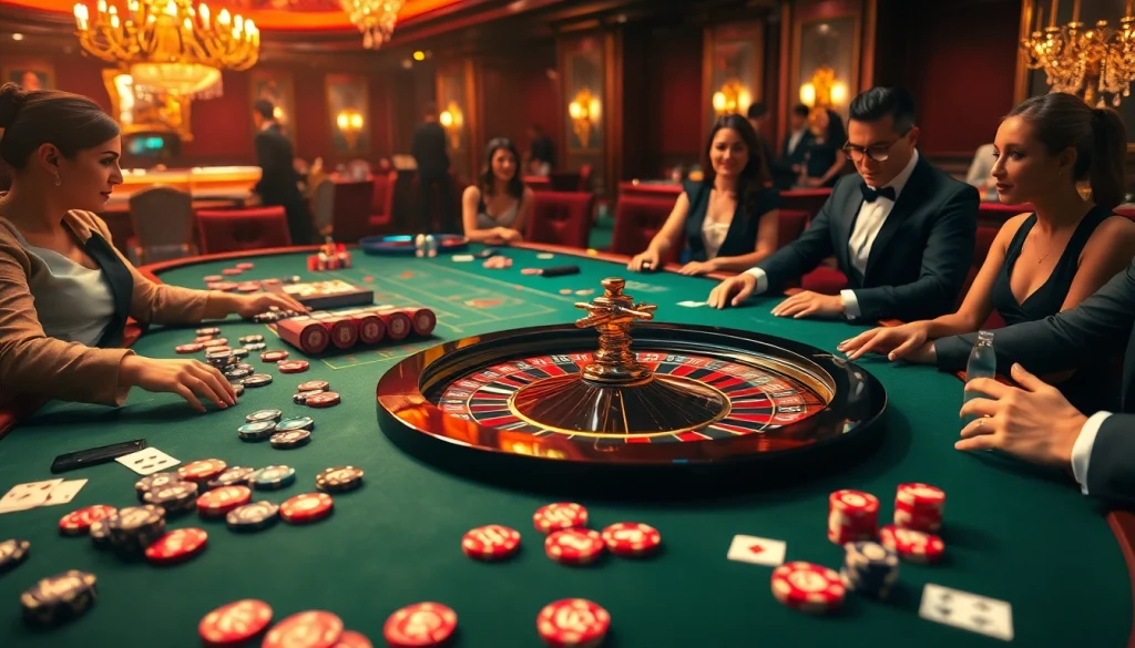 Experience the excitement of viral88 with vibrant casino gameplay showcasing roulette wheels and poker chips.