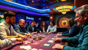 789club players enjoying a thrilling game at a vibrant casino table with bright lights.