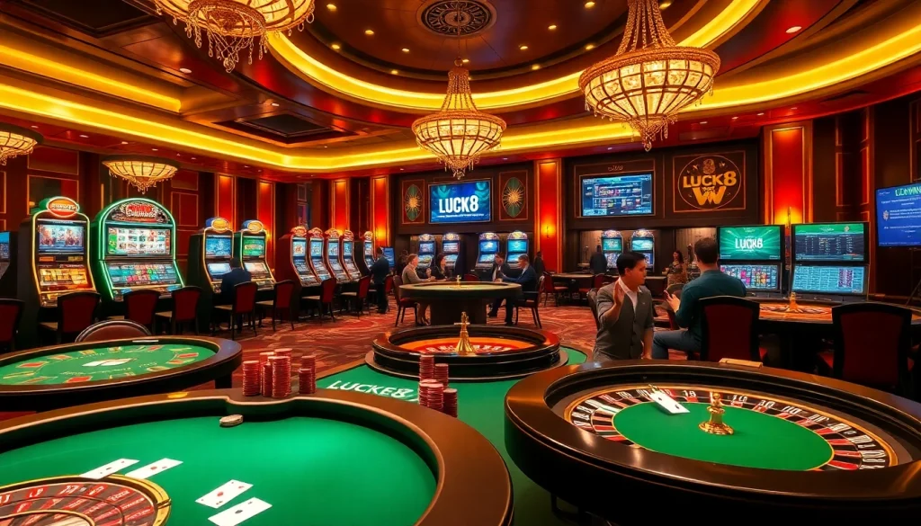 Cảnh chơi LUCK8 với người chơi tại bàn casino và các máy đánh bạc sinh động.
