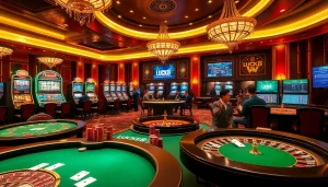 Cảnh chơi LUCK8 với người chơi tại bàn casino và các máy đánh bạc sinh động.