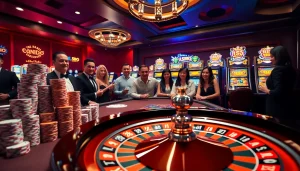 Excited players engaging with the luxurious casino atmosphere of https://lc88.bio/, showcasing poker chips and a roulette wheel.