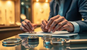 Schmuckankauf: Ein Experte bewertet antike Ringe in einer einladenden Umgebung.