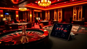 Immerse in luxury as you đăng nhập 789club, with a vibrant casino scene featuring roulette wheels and poker tables.