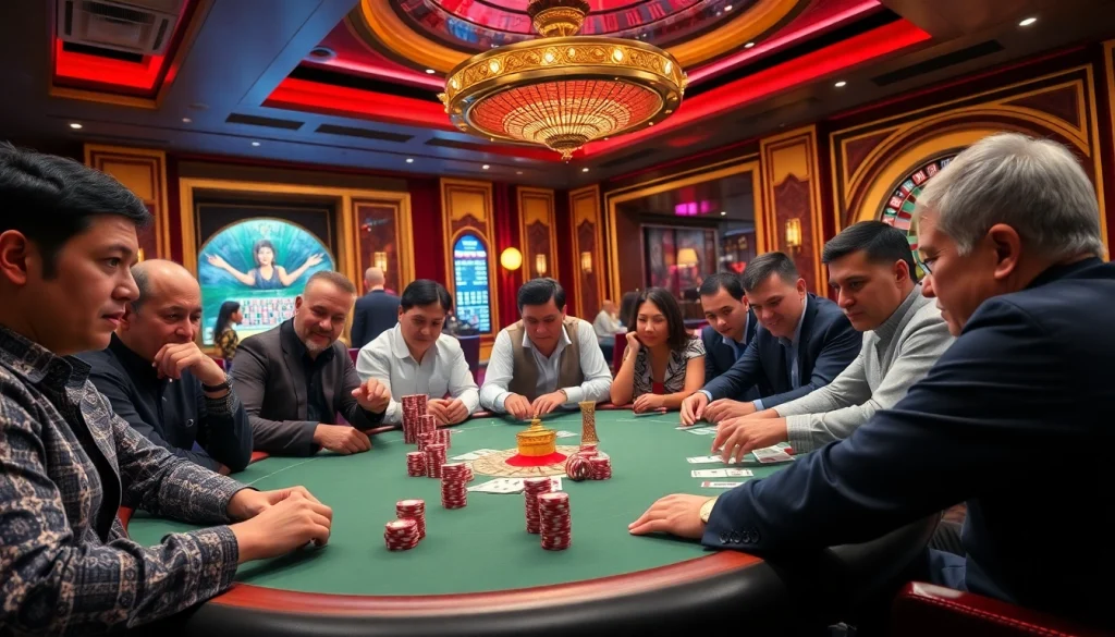 Experience the excitement of gambling at Nhà Cái X88 with players in a luxurious casino atmosphere.