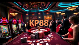 Experience the thrill of KP88 with vibrant casino action featuring roulette and poker elements.