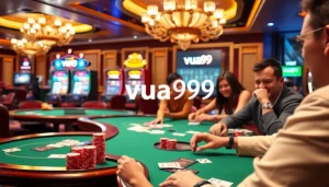 Players strategizing their bets at Vua99 poker tables in a vibrant casino ambiance.