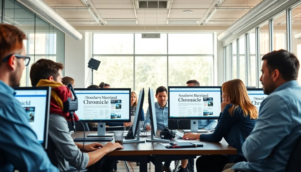 Capture the diverse team reporting for https://southernmarylandchronicle.com in a bright newsroom.