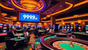 Exciting gaming scene at 99ok.co.im with players enjoying casino tables and vibrant slot machines.