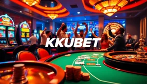 KUBET players celebrating a win at a vibrant casino table with poker chips and cards.