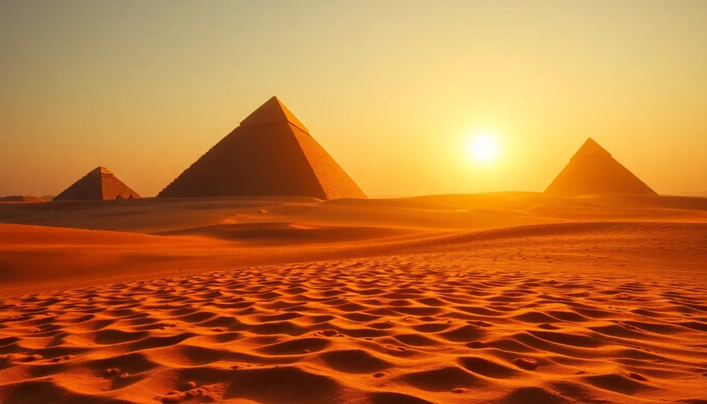 Discovering the grandeur of piraminds set against a stunning desert sunset.