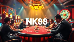 Gamblers winning at poker with NK88 in a luxurious casino atmosphere.