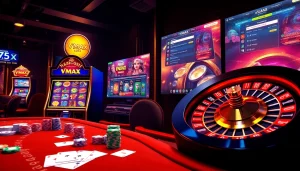 Exciting gambling atmosphere featuring nhà cái vmax with casino tables, slot machines, and poker chips.