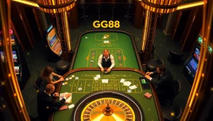 GG88 gaming table surrounded by vibrant slot machines and excited players, showcasing a luxurious casino atmosphere.