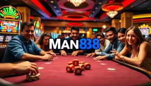 Excited players at a Man88 casino poker table with colorful slots and sparkling chips.