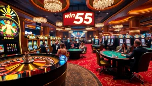 Experience the thrill of win 55 as players celebrate at a luxury casino poker table.