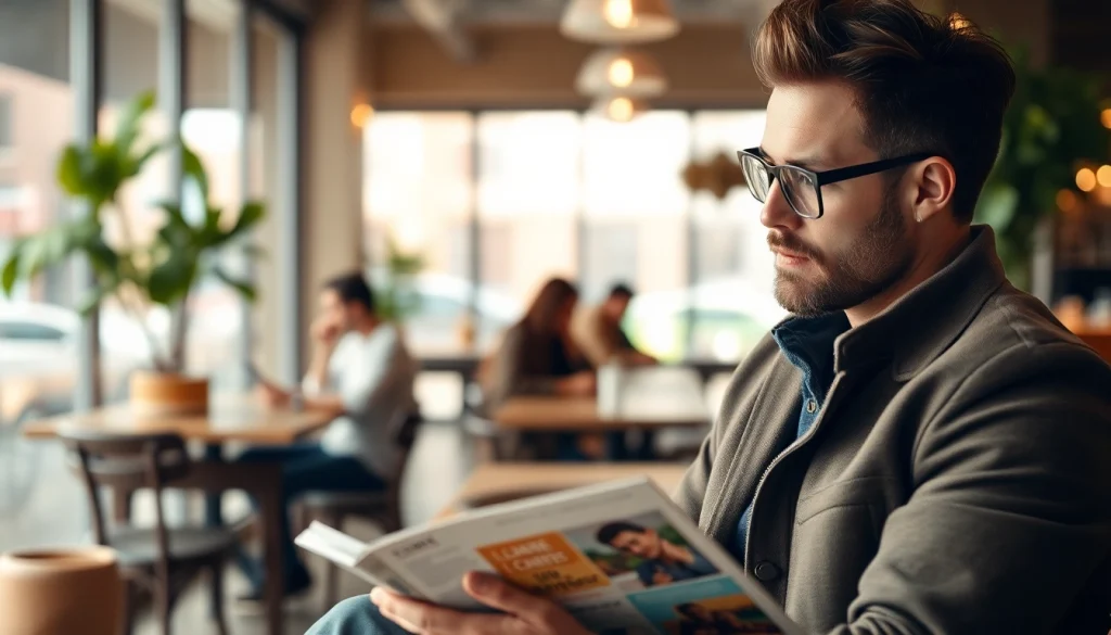 Ontdek innovatief lifestyle-inhoud op https://menlife.be met een stijlvolle man in een trendy café.