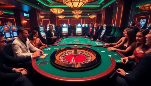 Experience the luxury of 8kbet in a vibrant casino scene with roulette, poker games, and slot machines.