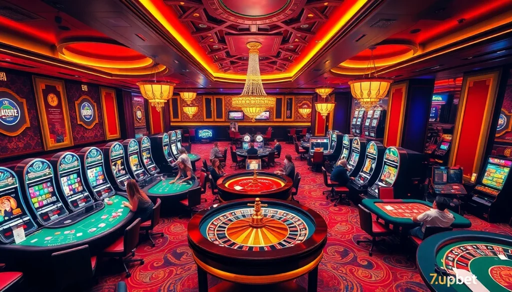 Experience the thrill of lively casino games at 7upbet with vibrant tables, players, and roulette.