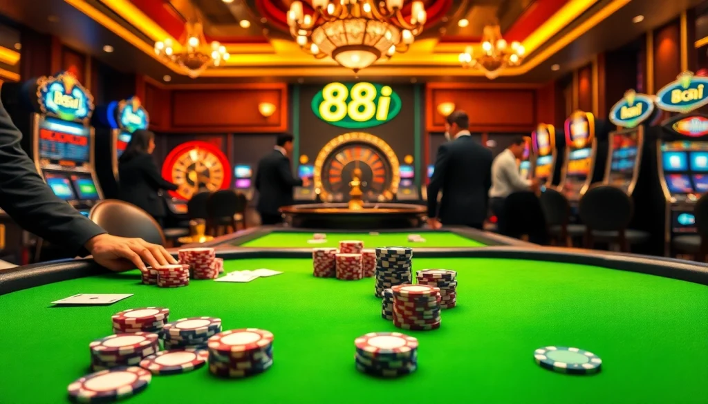 Professional gamblers at a poker table showcasing excitement and strategy in a luxurious casino setting with 88i elements.