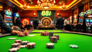 Professional gamblers at a poker table showcasing excitement and strategy in a luxurious casino setting with 88i elements.