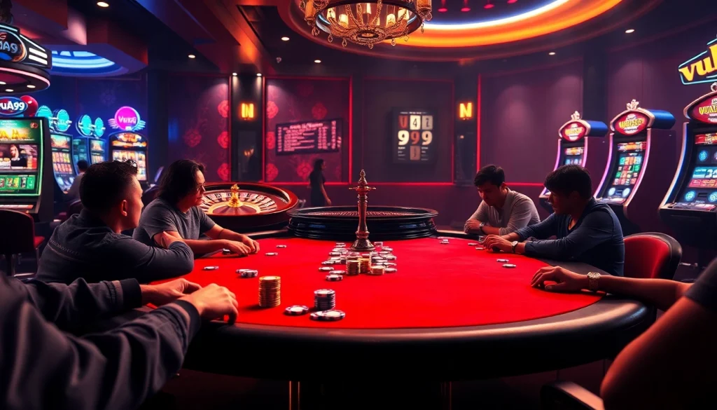 Players engaged at a luxurious poker table with vibrant chips and a casino atmosphere focused on vua99.