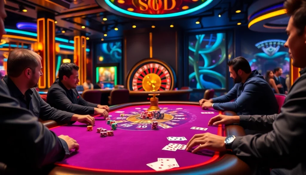 SODO Casino players engaging in an exciting poker game surrounded by vibrant atmosphere and luxurious decor.