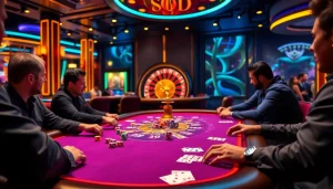 SODO Casino players engaging in an exciting poker game surrounded by vibrant atmosphere and luxurious decor.