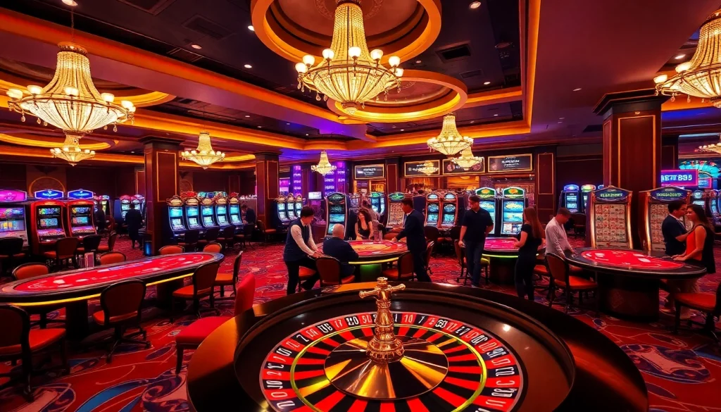 BET88 casino players enjoying exciting games at stylish tables and slot machines.