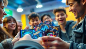 活気あるデジタルゲーム環境でオンラインオリパのトレーディングカードを楽しむプレイヤーの場面。