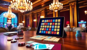 Engage in רמיקוב אונליין with vibrant tiles and casino elements in a luxurious setting.