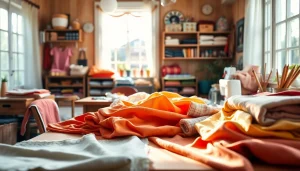Wafel katoenen stof in diverse kleuren en texturen op een tafel in een sfeervolle naaiwerkplaats.