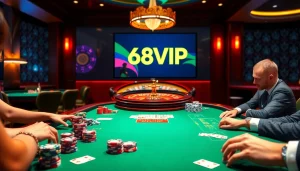 Experience the excitement of 68VIP with a luxury casino scene featuring poker chips and a roulette wheel.