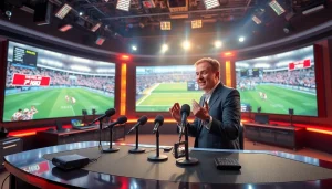 Engaging sports broadcasting scene with a host and live game displays, showcasing Sports Broadcasting.