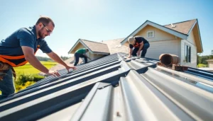 Installers working on metal roofing showcasing quality craftsmanship and modern design.
