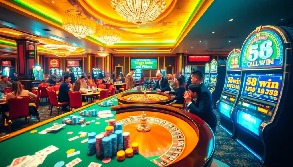 Players celebrating a 58 win at a vibrant casino table filled with chips and cards.