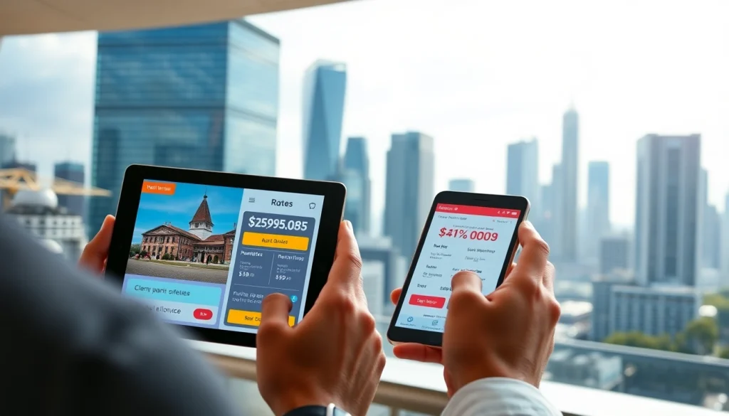 Compare Rates for Hotels using a digital interface displaying vibrant pricing options.