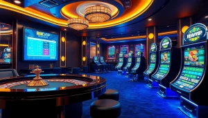 Experience excitement at RIKVIP with players engaging at casino tables and vibrant slot machines.