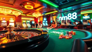 Exciting poker action at an mm88 casino table with colorful chips and a roulette wheel.