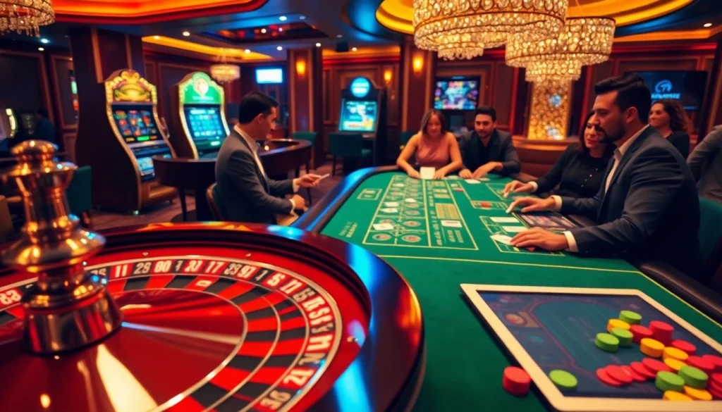Players engaging with a roulette wheel and blackjack table at good88.com, showcasing excitement in high-stakes gambling.
